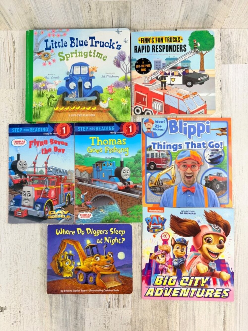 Lot of 7 Kids Books Trucks Thomas Train Paw Patrol Little Blue Truck Boys
